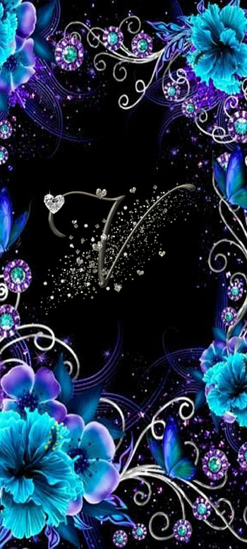 Letter V, flowers, blue, black, hearts, purple, silver, cute HD phone wallpaper