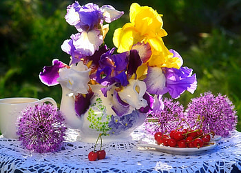 Still life, tea, cherries, garden, vase, beautiful, coffee, nature, flowers HD wallpaper