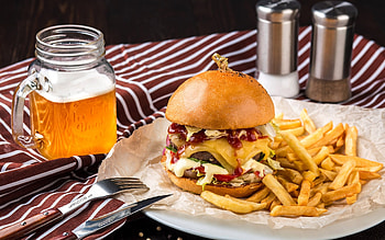 Hamburger and fries, Fast food delight, All-American favorite, background HD wallpaper
