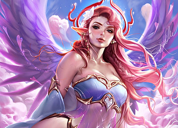 Aphrodite, blue, wings, sakimichan, art, girl, woman, purple, valentine, pink, feather, fantasy, redhead, cloud HD wallpaper