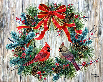 Deck the Halls, artwork, birds, decoration, painting, christmas, cardinals HD wallpaper