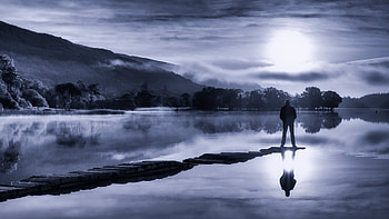 Alone, Men, Lake, Monochrome, Reflection, Sunset HD wallpaper