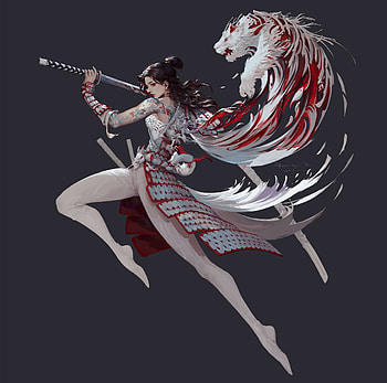 Fantasy girl, fantasy, lzz, tiger, lzzart, red, l zz, girl, white, sword, katana HD wallpaper