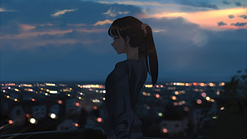 Anime Girls Cityscape Brunette Tying Pony Tail , anime-girl, anime, artist, artwork, digital-art HD wallpaper