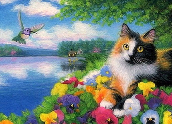 Cat on the Shore, kitten, attractions in dreams, cats, cute, paintings, spring, pansies, love four seasons, lakes, animals, hummingbird, draw and paint, flowers HD wallpaper