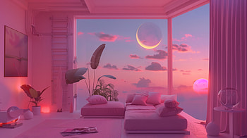 Pink Aesthetic Room with Scenic Sunset View -, aesthetic, pink, pink aesthetic, room, interior design HD wallpaper