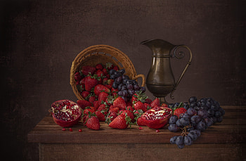 Still life, Strawberries, Basket, Grapes, Pitcher, Berries HD wallpaper