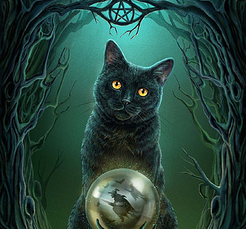 Black cat, pisici, fantasy, art, green, cat, lisa parker, witch, black, crystal ball, halloween HD wallpaper