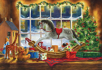 Christmas Toys, window, christmas tree, snow, rocking horse, drum, teddybear HD wallpaper