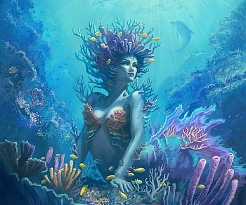 Coral, blue, mermaid, art, girl, yasushi matsuoka, summer, yasuartstudio, fantasy, pesti, yasu art studio, fish, luminos, water, vara, siren HD wallpaper