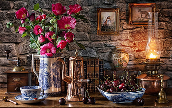 Mallow Still Life, books, still life, pink, cherries, lamp, flowers, foxes, mallow HD wallpaper