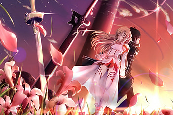 couple, anime, swords, flowers, girl, guy HD wallpaper