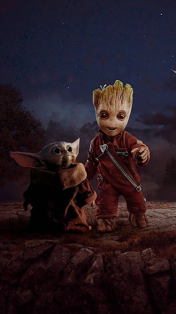 Groot & baby Yoda, cartoon, cute HD phone wallpaper