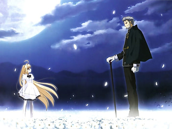 Shingetsutan Tsukihime, sweet, old man, cute, stick, cute girl, anime, moon, clouds, sky HD wallpaper