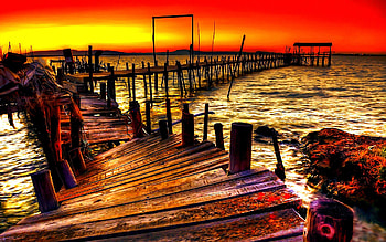 Broken Pier, sky, sunset, sea, summer, waves, ocean HD wallpaper