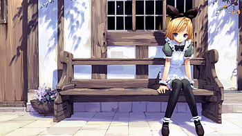 Sitting, bench, girl, anime, window HD wallpaper