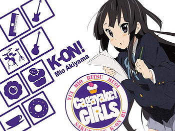 k-On! Mio Akiyama, icons, white, black, music, uniform, cute, girl, instrumenr HD wallpaper