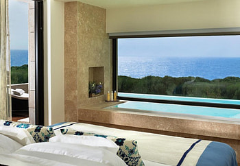 Costa Navarino Greece - Vista View from Window, island, bathroom, bath, vista, bathe, relax, serene, holiday, water, ocean, hot tub, swimming, sea, window, luxury, bed, exotic, Greece, paradise, jacuzzi, suite, villa, swim, bedroom, view, pool, peace HD wallpaper
