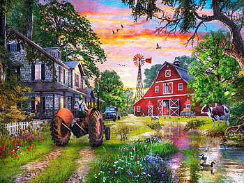 Working Farm, ducks, cow, barn, painting, house, flowers, tractor, pond HD wallpaper