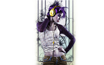 Beyond Thoughts, purple, music, abstract, cg, 3d, beautiful, girl, hair HD wallpaper
