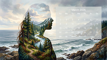 March 2026 Calendar — Ocean & Forest Silhouette, March 2026 Calendar HD wallpaper