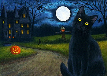 The Witchmoon, night, scarecrow, path, house, cat, artwork, painting, pumpkin, clouds, sky HD wallpaper