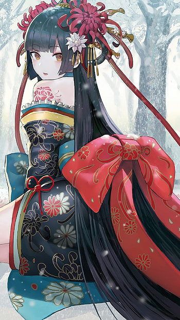 Kimono anime girl, Snowy scenery HD phone wallpaper