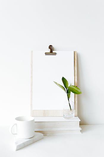 Elegant minimalist desk setup featuring a clipboard, mug, and green plant in a serene white space. HD phone wallpaper