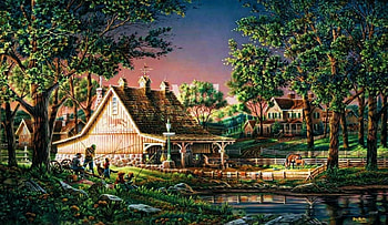 Family Time, light, house, trees, people, evening HD wallpaper
