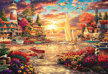 Into the sunset, artwork, sea, lighthouse, birds, boats, flowers, houses, harbor, painting HD wallpaper