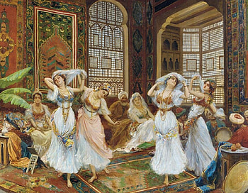 Oriental dance by Fabio Fabbi, blue, oriental dance, fabio fabbi, painting, turkish, white, harem, art, man, girl, people, interior, odalisque, orange, woman, green, red, scarf HD wallpaper