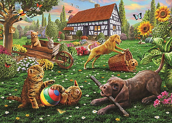 cats and dogs, farm, dogs, cats, country HD wallpaper