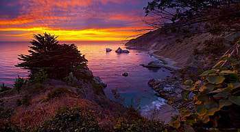 Big Sur Sunset, California, sea, coast, clouds, colors, sky, stones HD wallpaper