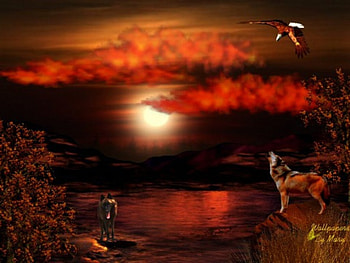 Hills Afire, lakes, birds, wolves, sunsets, wolf, mountains, eagles HD wallpaper