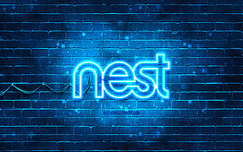 Google Nest blue logo, , blue brickwall, Google Nest logo, brands, Google Nest neon logo, Google Nest HD wallpaper