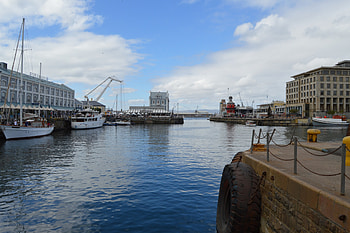 View from a bridge, blue, sea, warf, boats, clouds, bridge, paradise, sky HD wallpaper