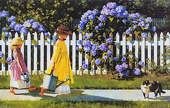 The gardeners, garden, cat, beautiful, spring, walk, summer, pretty, blossoms, fence, girls, flowers, gardeners, friends HD wallpaper