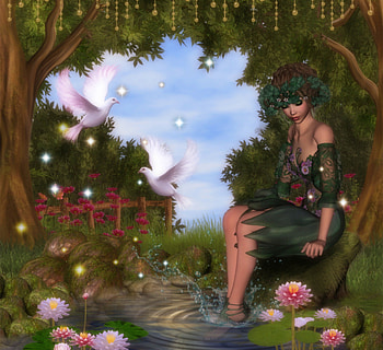 ✫Elf Lotus Pond✫, plants, colors, water splash, charm, pebbles under water, bright, trees, female, sweet, grass, 3D art, elf, fantasy, pretty, green, lilies, hair, lovely, cute, digital art, dangles rip, dress, sparkle, mossy rocks, water, pond, splash, weird things people wear, beautiful, creative pre-made, cool, clouds, sky, flowers, lotus HD wallpaper