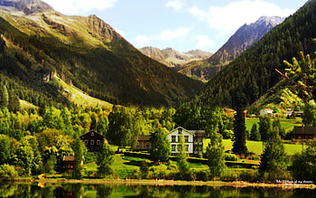 The Village of my Dreams, trees, dreams, mountains, village HD wallpaper