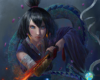 Samurai, girl, katana, swird, blue, art, fantasy, gaxuss, red, face, dragon, fire HD wallpaper