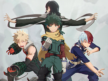 My Hero Academia : Bakugou, Aizawa, Midoriya & Todoroki United, Katsuki Bakugou, Shota Aizawa, Izuku Midoriya, Shoto Todoroki, Anime, My Hero Academia HD wallpaper
