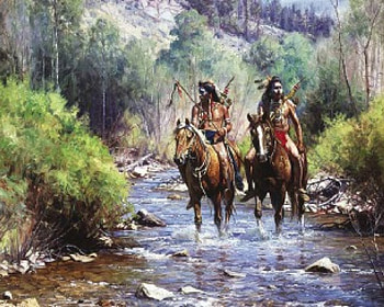 raid trough the stream, horses, Native American, riders, painting, people, stream HD wallpaper