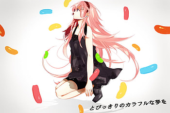 Vocaloid, white, blue eyes, megurine luka, head band, pink hair, long hair, dress, candy HD wallpaper