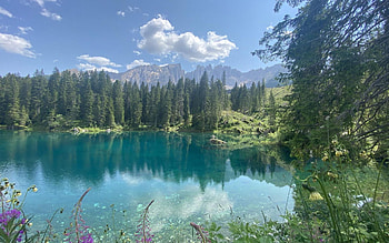 Lake near Bolzano, South Tyrol, Italy, clouds, Dolomites, trees, sky, alps, mountains, forest HD wallpaper