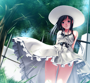 Oupss.., white, cute, girl, dress, hat, tree HD wallpaper