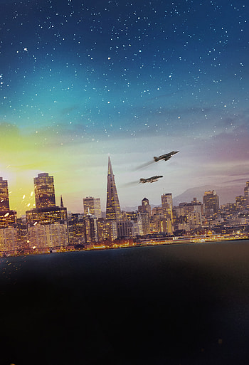 City, buildings, starry sky, aircrafts HD phone wallpaper