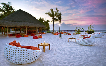 Resort, palms, furniture, evening, beach HD wallpaper