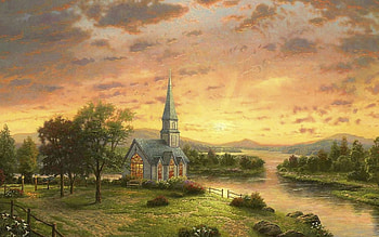 riverside church, river, grass, church, sunset, tree HD wallpaper