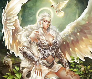 Angel guardian, wings, white, art, girl, angel, feather, fantasy, green, luminos HD wallpaper