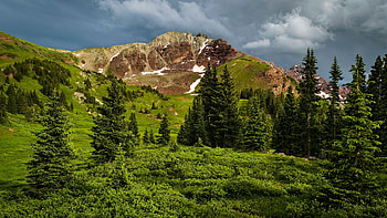 Green wilds in the Rocky Mountains, Colorado, clouds, trees, landscape, rocks, usa HD wallpaper